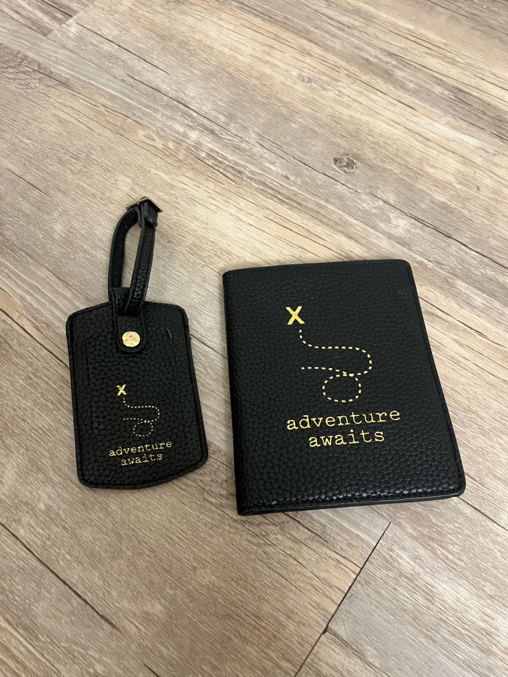 Black "Adventure Awaits" Passport Holder & Luggage Tag Set